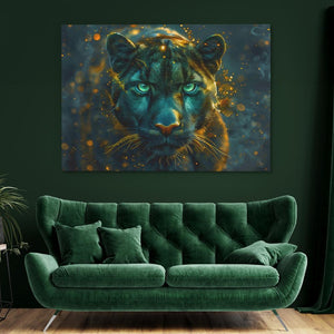 a living room with a green couch and a painting of a tiger