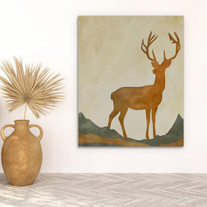 a painting of a deer on a wall next to a vase