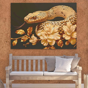 a painting of a snake on a wall next to a bench