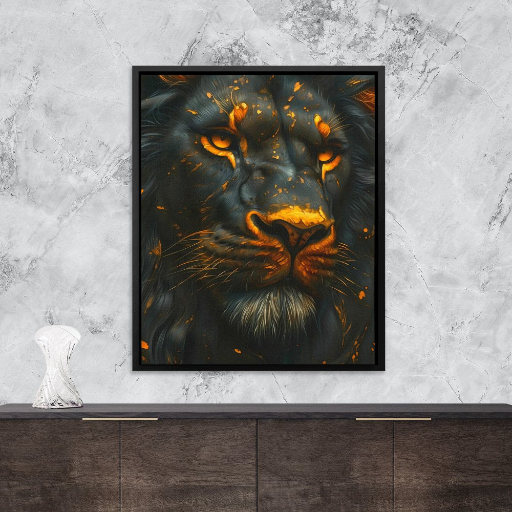 a painting of a lion with orange eyes