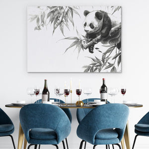 a dining room table with blue chairs and a panda painting on the wall