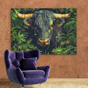 a purple chair sitting in front of a painting of a bull