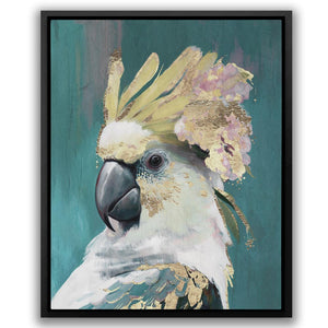 a painting of a parrot with a flower on its head