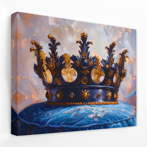 a painting of a crown on a blue cushion