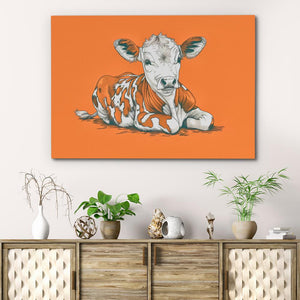 a painting of a cow on an orange background