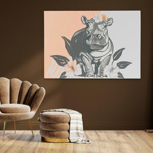 Hippo Flower Dance with Floral Accents Art Print - Luxury Wall Art 