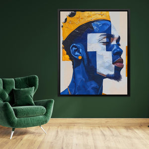 a painting of a man's face on a green wall