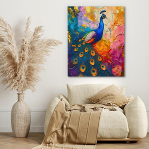 a painting of a peacock on a wall above a couch