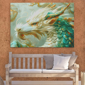 a painting of a dragon on a wall above a bench