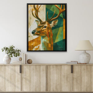 a painting of a deer on a wall above a dresser