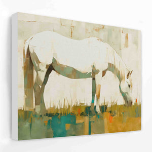 a painting of a white horse eating grass