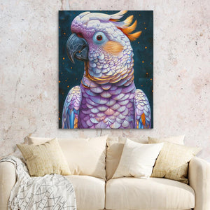 a painting of a parrot on a wall above a couch