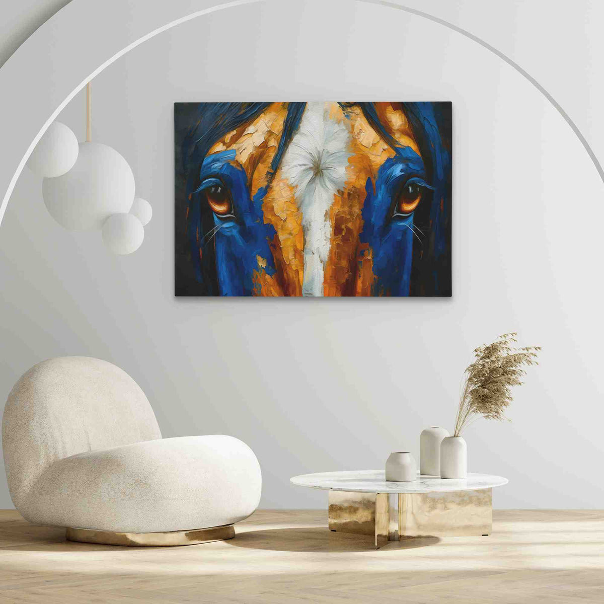 a painting of a horse&#39;s face on a white wall