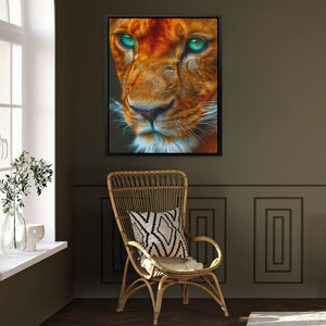 a painting of a tiger with blue eyes