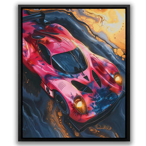 a painting of a red race car on a black background