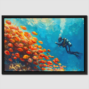 a painting of a person scubaing in the ocean