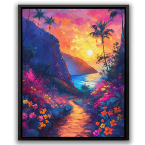a painting of a tropical sunset with flowers and palm trees