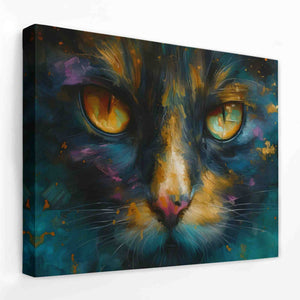 a painting of a cat's face with yellow eyes