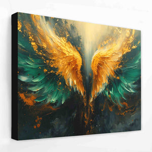 a painting of a golden and green angel wings