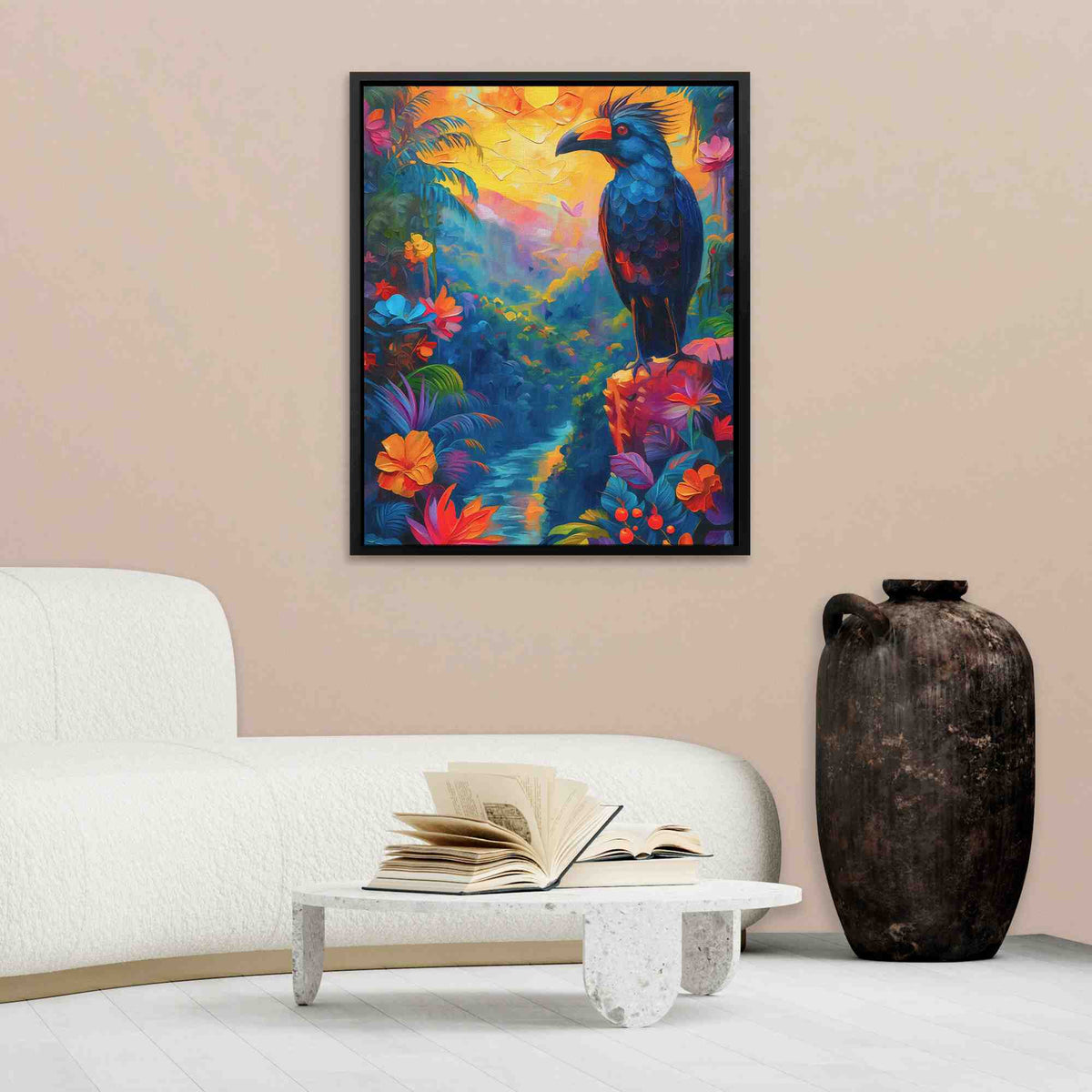 a painting of a bird sitting on a table next to a vase