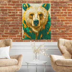 a living room with two chairs and a painting of a bear