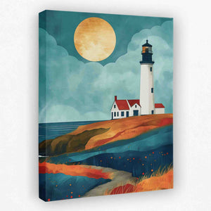 a painting of a lighthouse with a full moon in the background