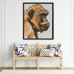 a picture of a monkey on a wall above a bench