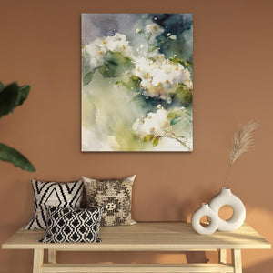 a painting of white flowers on a brown wall