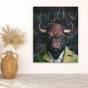 a painting of a bull wearing glasses in front of a wall