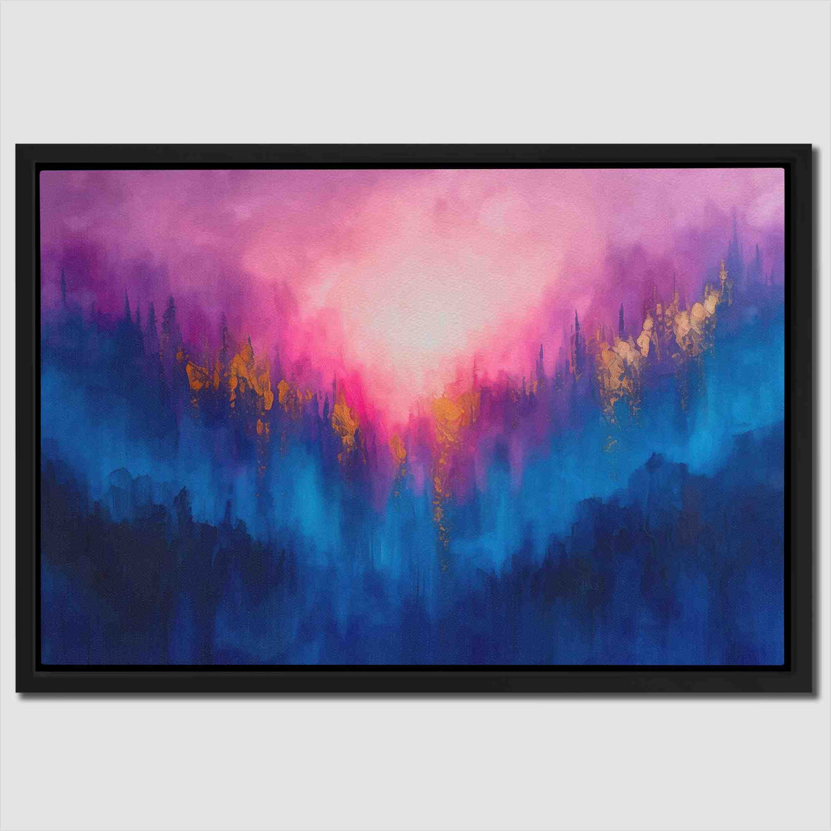 a painting of a sunset over a forest