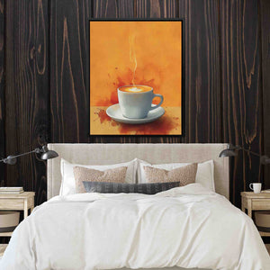 a painting of a cup of coffee on a bed