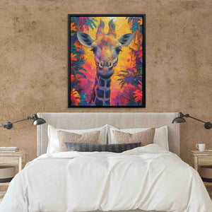 a painting of a giraffe on a wall above a bed