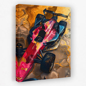 a painting of a colorful race car on a white background