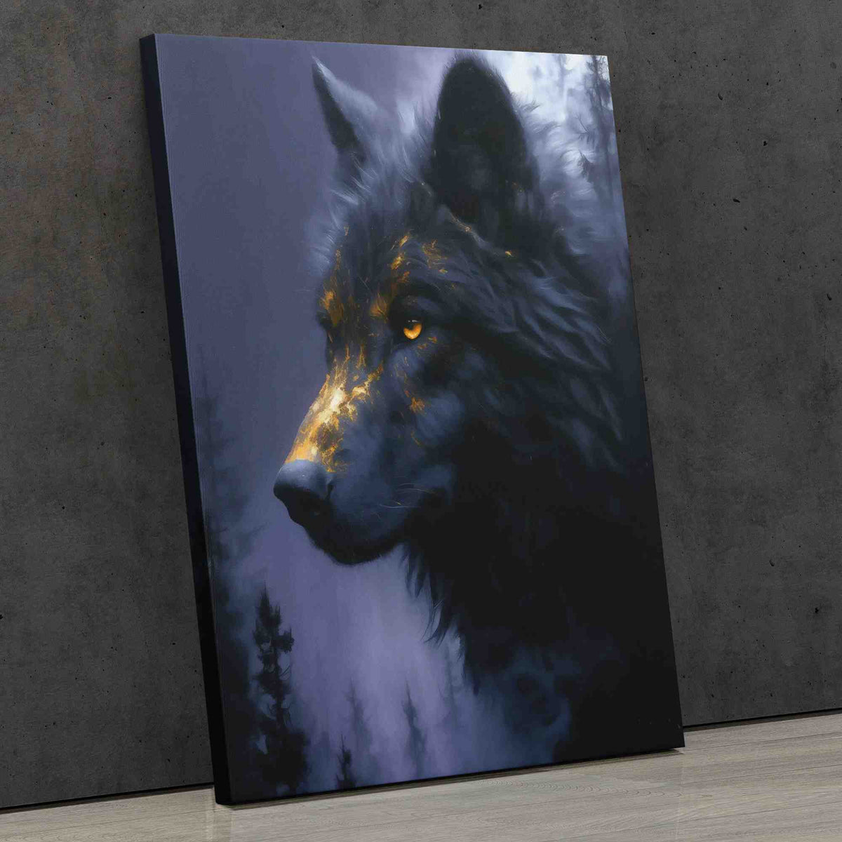 a painting of a wolf with glowing eyes