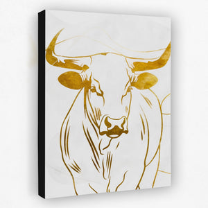 a painting of a bull with horns on a white background