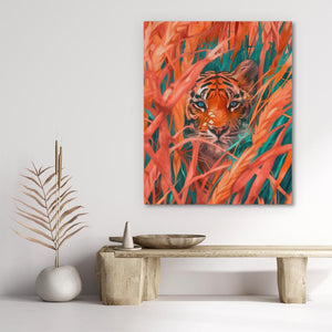 a painting of a tiger in a field of grass