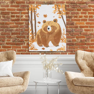 a living room with two chairs and a painting of a bear