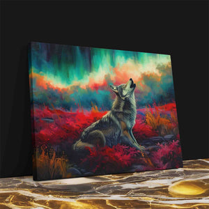 a painting of a wolf sitting in a field