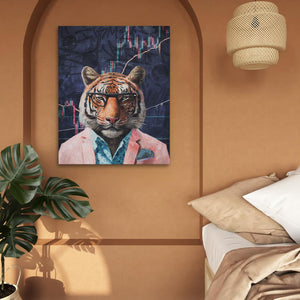 a painting of a tiger in a suit on a wall