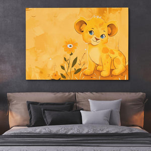 a painting of a lion cub sitting on a bed