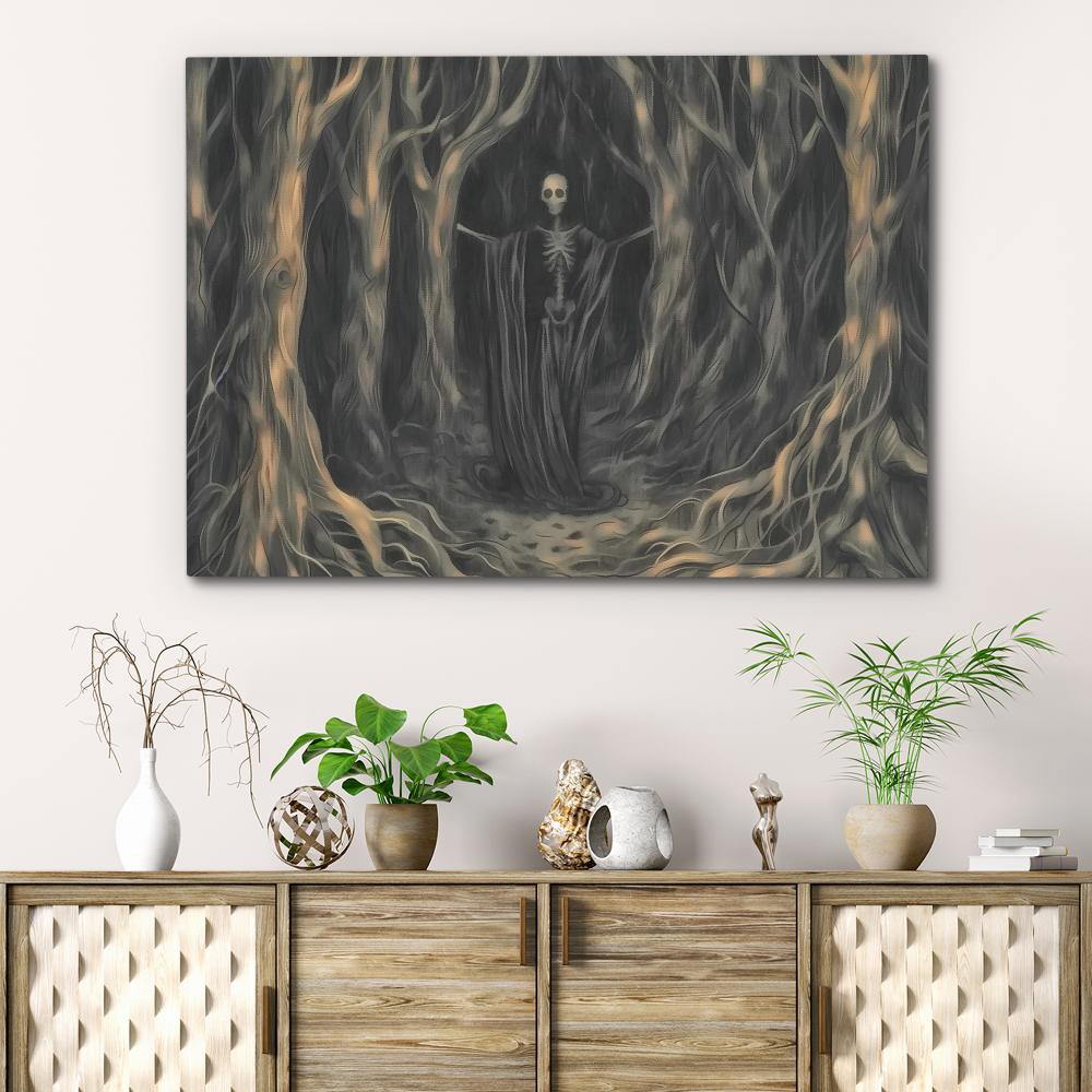 a painting of a skeleton standing in a forest