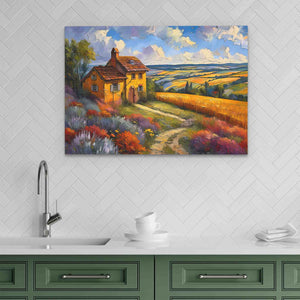 a painting of a house on a wall above a kitchen sink