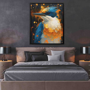 a painting of a bird on a wall above a bed
