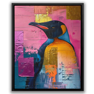 a painting of a penguin on a colorful background