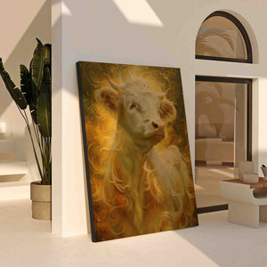 a painting of a cow on a wall next to a potted plant