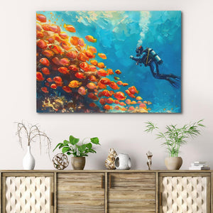 a painting of a scuba diver swimming over a coral reef