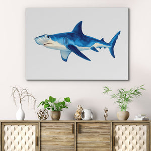 a painting of a shark on a wall above a dresser