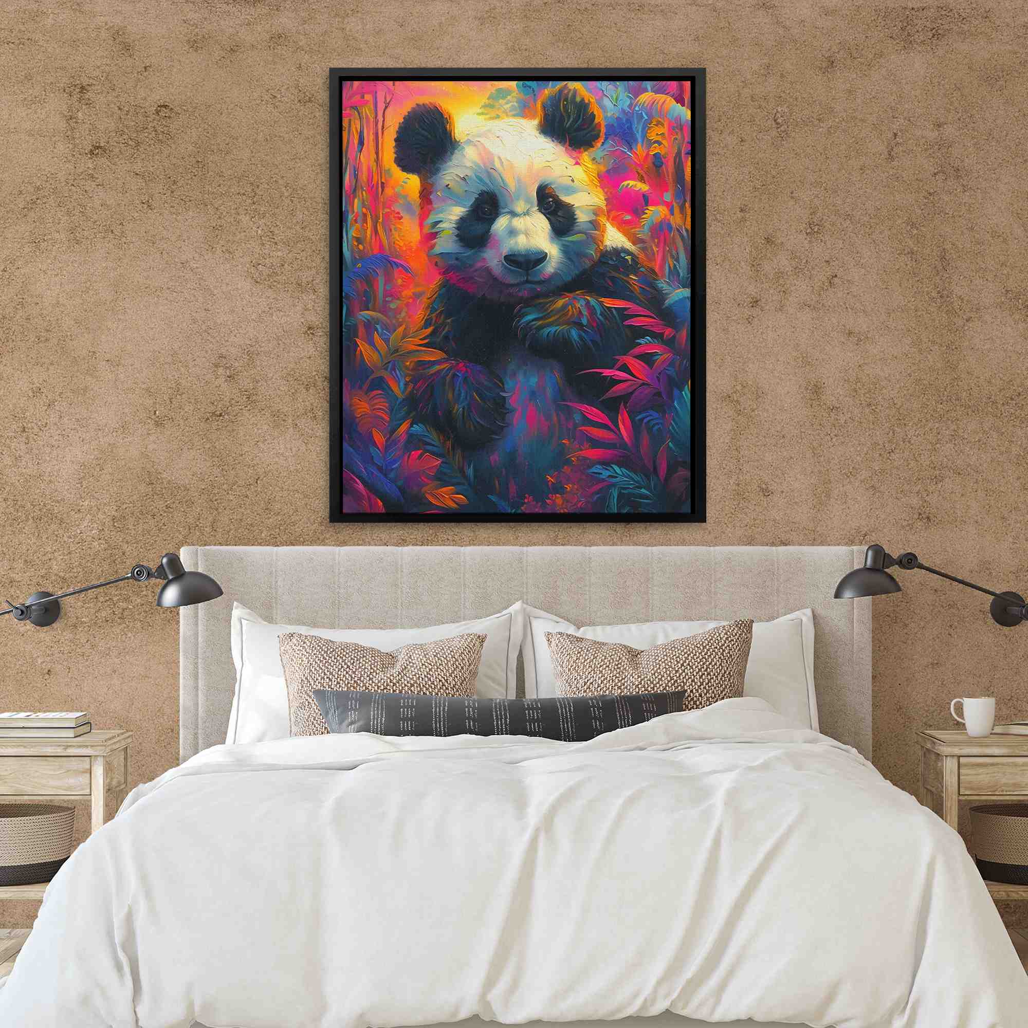 a painting of a panda bear in a colorful forest