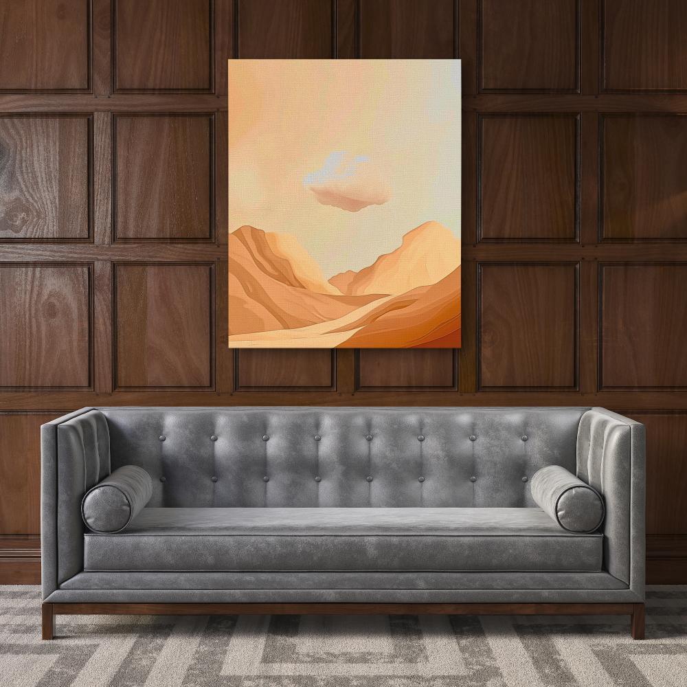 a painting of a desert landscape with mountains in the background