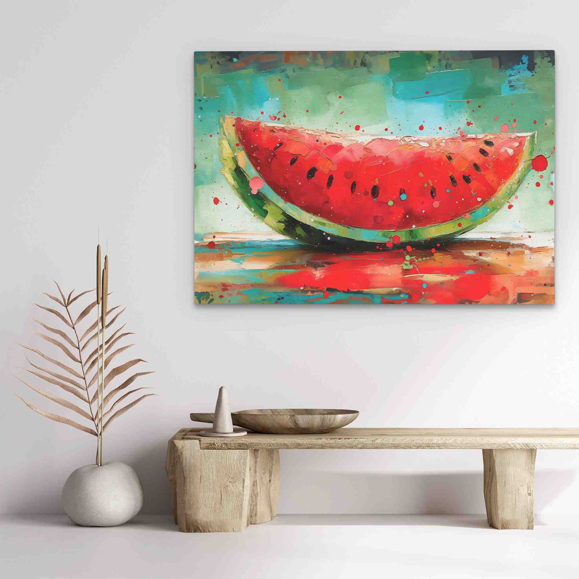 a painting of a slice of watermelon on a table